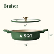 Carote A13957 4.5 QT Shallow Dutch Oven with Lid, Lightweight Aluminum Braiser & Casserole Pan for One-Pan Meals, Green