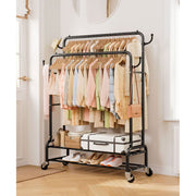 Enogets Heavy Duty Double Rod Garment Rack with Shelves and 360 Swivel Locking Wheels, Black Steel, 44 in x 16.5 in x 61 in