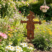 Generic Rustic Metal Scarecrow Garden Stake with Crow, 23 in Rust Brown Weathered Iron, Fall Harvest Yard Art