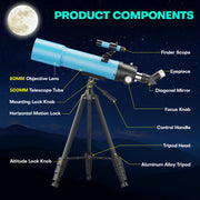 QUNSE 9032Refractor Telescope, 80mm Aperture, 500mm Focal Length, 20X-150X Magnification, Aluminum Tripod, Smartphone Adapter, Backpack