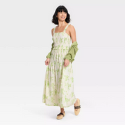 Universal Thread Women's Smocked Maxi A-Line Dress, Green Floral, L - Sleeveless, Square Neckline