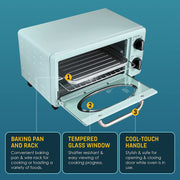 Elite Gourmet Americana Retro 2-Slice Toaster Oven, 1000W, Adjustable 60-Minute Timer, 10L Capacity, Mint, ETO147M