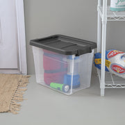 Sterilite 1473 28 Liter Stacker Box, Durable Clear Plastic Storage Bin with Latch Lid, Dark Gray, 6 Pk