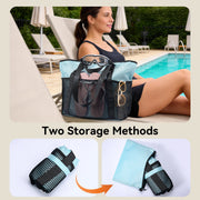 Pasman Large Beach Bag with Zipper, 8 Sandproof Mesh Pockets, Foldable Lightweight Tote for Women, 15x7x15 in
