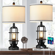 Cinkeda Modern Table Lamps Set of 2, Black Industrial Metal Frame, Beige Linen Shade, 3-Way Dimmable Touch Nightlight, USB A+C Ports, AC Outlet, 25.3 in WM-TD242