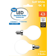 Great Value G16.5 LED Decorative Globe Light Bulbs, 4.5W 40W Equivalent, Soft White 2700K, Frosted Glass, E12 Candelabra Base, Dimmable, 2 Pack, GVCQFG1640272
