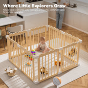Babyeap Foldable Wooden Baby Playpen, Large Adjustable Indoor Play Yard with Built-In Gate, Brown, 47x47x23.6 in