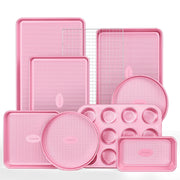 HONGBAKE 1122234 9-Piece Bakeware Set, Nonstick Carbon Steel with Diamond Texture, Stackable, Pink