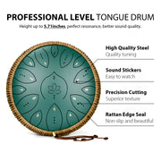 Lidguni Steel Tongue Drum, 13-Inch, 15-Notes Tuned to C Major, Green, Carbon Steel Frame