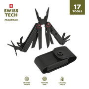 Swiss Tech Praktisch 17-in-1 Folding Multi Tool with AUS-8 Steel Blade, Black, Leather Sheath, 6799