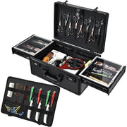 Velore Professional Barber Case, Aluminum Construction, Large Black Organizer with 6 Clipper Slots, Sliding Trays, Double Padlock, PU Leather Handle