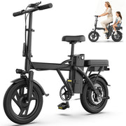 AOVOPRO Electric Bike, 500W Brushless Motor, 48V Detachable Lithium Battery, 14 in Mini Folding Ebike with Dual Adjustable Seats, Hydraulic Shock Absorbers, Disc Brakes, Black, EB60