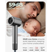 Fatini Ionic Blow Dryer, 110,000 RPM Brushless Motor, 1400W Power, Negative Ion Technology, 4 Temperature Settings, 3 Speeds, Gray, Compact Design with Nozzle and Diffuser