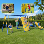 Gardwin 6 in1 Metal Swing Set, Heavy-Duty Outdoor Playground with Climber Net, Climber Wall, Saucer Swing, Double Wall Slide, Belt Swing, Trapeze Bar, Yellow, For 7 Kids Ages 3-12, GW-SW503-BY