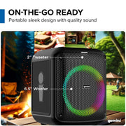 Gemini GGO-650L Portable Bluetooth Party Speaker, 100W, 6.5-Inch Woofer, Dynamic LED Lights, Wireless Mic, TWS Stereo, USB/SD/FM/Aux, 10-Hour Battery, Black