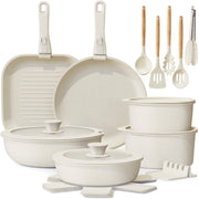 Astercook AS20222 22 Piece Ceramic Nonstick Cookware Set with Detachable Handles Cream White AS20222