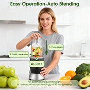 ONSON Portable Smoothie Blender, 1200W High-Speed Motor, Dual-Blade Base, 3 Interchangeable Cups, Pulse and Spin Modes, Black