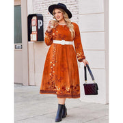 Astlbim Plus Size Fall Dress Women, Long Sleeve Midi Casual Pocket Dress, Breathable Material, Crewneck, A-Line, Loose Fit