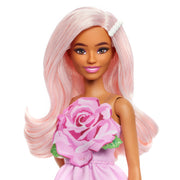 Barbie HYT94 Fashionistas Doll, Petite Body, Strapless Pink Rose Dress, Pastel Pink Hair with Pearly Barrette, Poseable