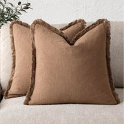 ILANKTOZI Throw Pillow Covers, 18 x 18 Inch, Brick Red Linen Blend with Bohemian Fringe, Set of 2
