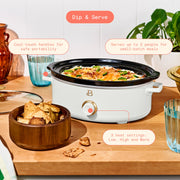 Beautiful 2.5 Qt Dip and Serve Manual Slow Cooker, Shallow Wide Design, Three Heat Settings, White Icing