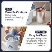 Elite Gourmet Electric Ice Cream Maker, 4Qt Capacity, 50W Motor, Aluminum Freezing Canister, Periwinkle, EIM350