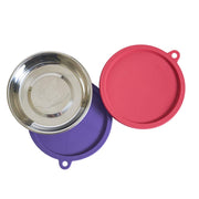 Messy Mutts Cat Feeding Bowl Set, 4 Piece, Stainless Steel Saucer Bowls with Airtight Silicone Lids, 1.75 Cup, Silver, MC043M
