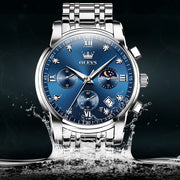 OLEVS Mens Casual Quartz Chronograph Watch, Blue Dial, Two-Tone Stainless Steel Bracelet, Luminous Hands, 30m Water Resistant