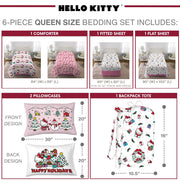 Franco Manufacturing Co. Inc. 7C086W Hello Kitty Holiday Kids 6 Piece Reversible Comforter Bed In A Bag, Queen