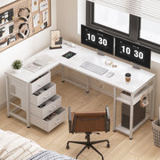 Sofanext Reversible L Shaped Desk with Built-in Power Outlets, Four Drawers, Iron Hooks, Waterproof Wood and Iron Frame, Pure White, 53 in