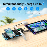 Yelomin 49800mAh Solar Power Bank, Portable Charger with 22.5W Fast Charging USB-C, Wireless Charging for Apple Watch and iPhone, Waterproof, Dustproof, Drop-Resistant, Camping Flashlight, Blue