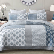 Bedduvit Quilt for King Bed - 100% Cotton Blue Gray Floral Real-Patchwork Plaid Striped Farmhouse King Quilt Bedspread  Reversible Modern Lightweight Quilt Set with Shams  3-Piece (98 x106 )