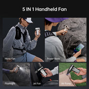 JISULIFE Portable Handheld Fan Ultra2, 9000mAh Battery, 100 Speed Turbo Fan, 18W Rechargeable Power Bank with Flashlight, Metal Shell