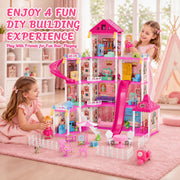 MOJINO Pink 12-Room 4-Story Dollhouse Playset with Furniture, Dolls Figures, Colorful LED Lights, Slide and Pool for Girls Ages 3+