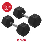 FitRx 15lbs Rubber Hex Dumbbell Set, Solid Steel Handles, Durable Rubber Coating, Anti-Roll Design, Pair, 30670
