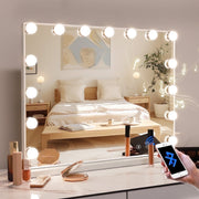 Fenchilin 5846 BT White Vanity Mirror with 15 Dimmable LED Lights, Bluetooth Speaker, USB Charging Port, Detachable Base, 23 x 18 in, White