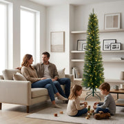 Fehomix 6FT Pre-Lit Pencil Artificial Christmas Tree with 150 Warm White LED Lights, 358 Green PVC Tips, Slim 22-Inch Diameter with Metal Stand for Small Spaces