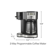 Hamilton Beach 47650 2-Way Programmable Coffee Maker, Single-Serve and 12-Cup Pot, Stainless Steel, Glass Carafe
