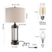 JUJUYUYOP Rustic Farmhouse Table Lamp Set of 2, 25 Inch Black Metal Base, Linen Shade, Dual USB Charging Ports, Night Light Function, LED Bulbs Included, JU-8986