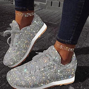DIOXADOP Women's Casual Lace-Up Sneakers, Breathable Crystal Sparkling Design, Comfortable Wide Fit Flat Platform Heels