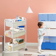 Gofinoday 3-Tier Diaper Caddy Cart with Adjustable Dividers and 8 Mesh Side Pockets, Lockable Wheels, White Metal Frame, 17x11x32 in