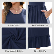 OutfitShow Summer Maxi Dress for Women, Sleeveless, Flowy Tiered Skirt with Ruffle Details, Blue, with Pockets