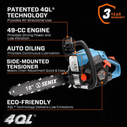 Senix 49cc 4-Cycle Gas Chainsaw, 18-Inch Oregon Bar and Chain, Trimming Branches Engine