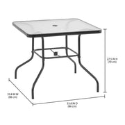 Mainstays Albany Lane 5pc Outdoor Dining Set, Teal Sling Fabric, Black Powder-Coated Steel Frame, Tempered Glass Table with Umbrella Hole, Folding Chairs, MS672807941901