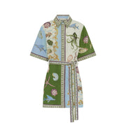International selection Women Floral Cotton Linen Dress, Short Sleeve Tie Waist Casual Summer Dress, Blue