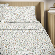 Beautiful Drew Barrymore Botanical 4-Piece Cotton Washed Percale Sheet Set, White, Queen, 200 Thread Count, 14-Inch Deep Pockets