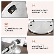 Retroaudio W03 Turntable with Wireless Output Connectivity Vinyl Player Support 33 1/3&45 RPM Speed Brown