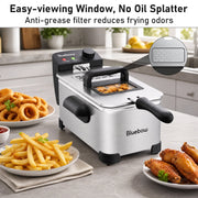 Bluebow Electric Deep Fryer, 3.2QT Oil Capacity, 1700W Immersion Heating, Adjustable Temperature, Stainless Steel with Viewing Window Lid, HD3301