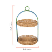Beautiful Two-Tier Two-Tone Resin Rattan Serving Tray, Natural Brown and Coastal Blue, Lightweight Scratch-Resistant