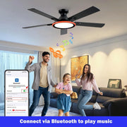 BAYSQUIRREL 52 in Flush Mount Ceiling Fan with Integrated LED Light, Bluetooth Speaker, RGB Lighting, 6 Speeds, Remote and App Control, Matte Black Wood Blades, BS-9002-FL-HWSS